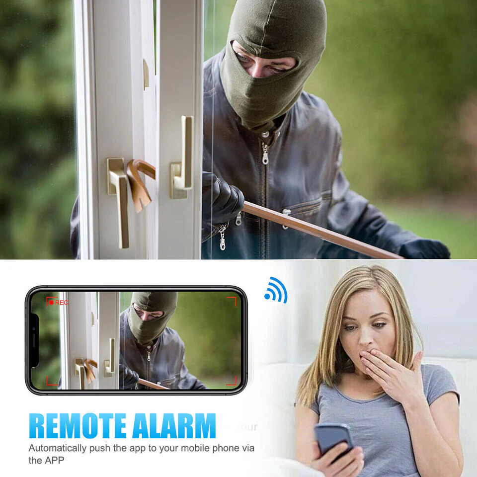 A masked intruder tries to pry open a window with a crowbar, activating an alert sent to a woman's phone via her EU Plug Wall Outlet SpyCam. Featuring 1080p HD resolution, this device captures and secures every detail discreetly.