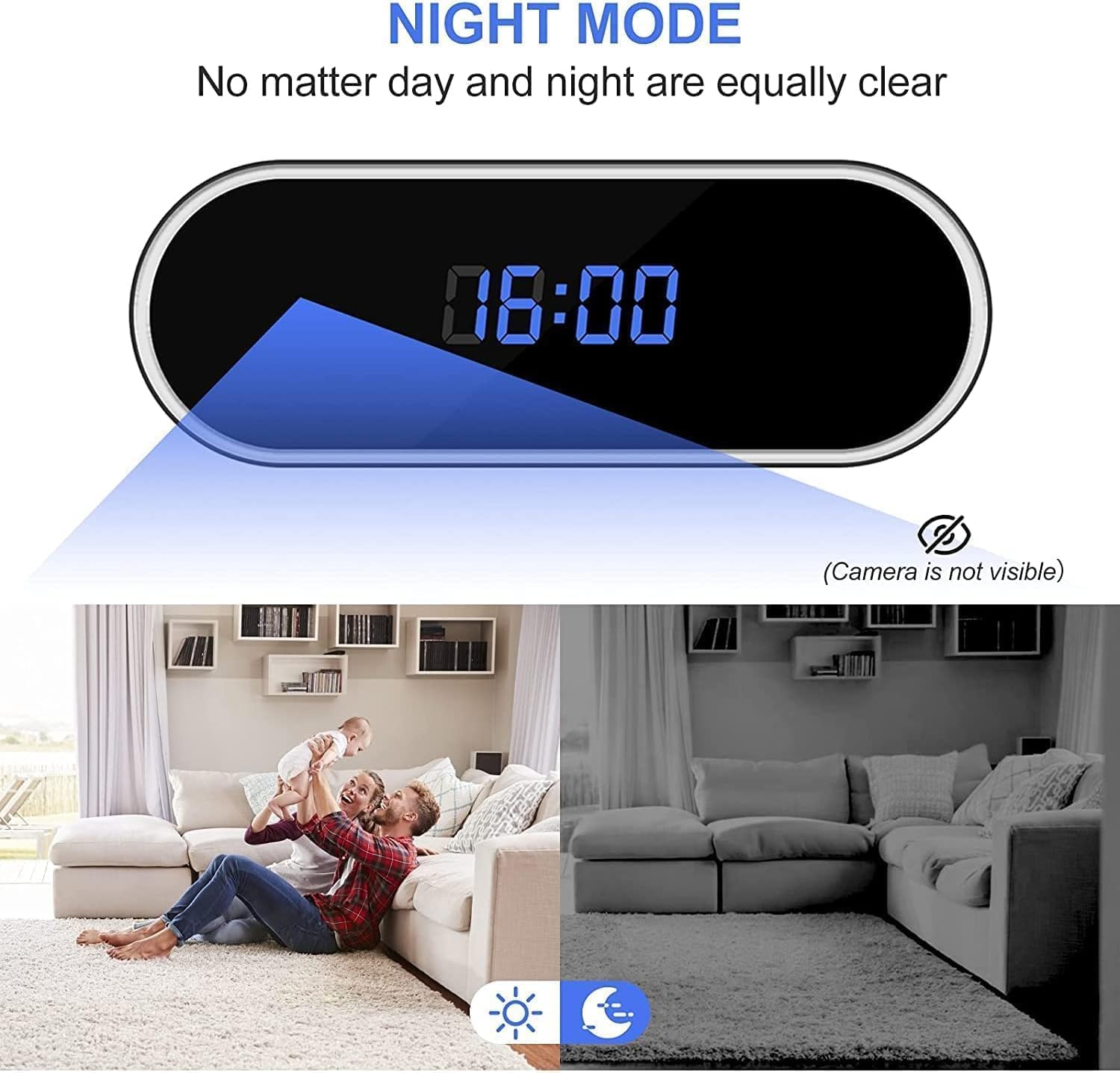 Image showing a comparison between day mode and night mode, demonstrating clear visibility in darkness with the camera's night vision.